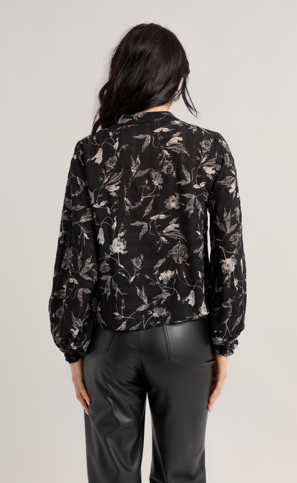 Printed Shirred Cuff Shirt Blk/white