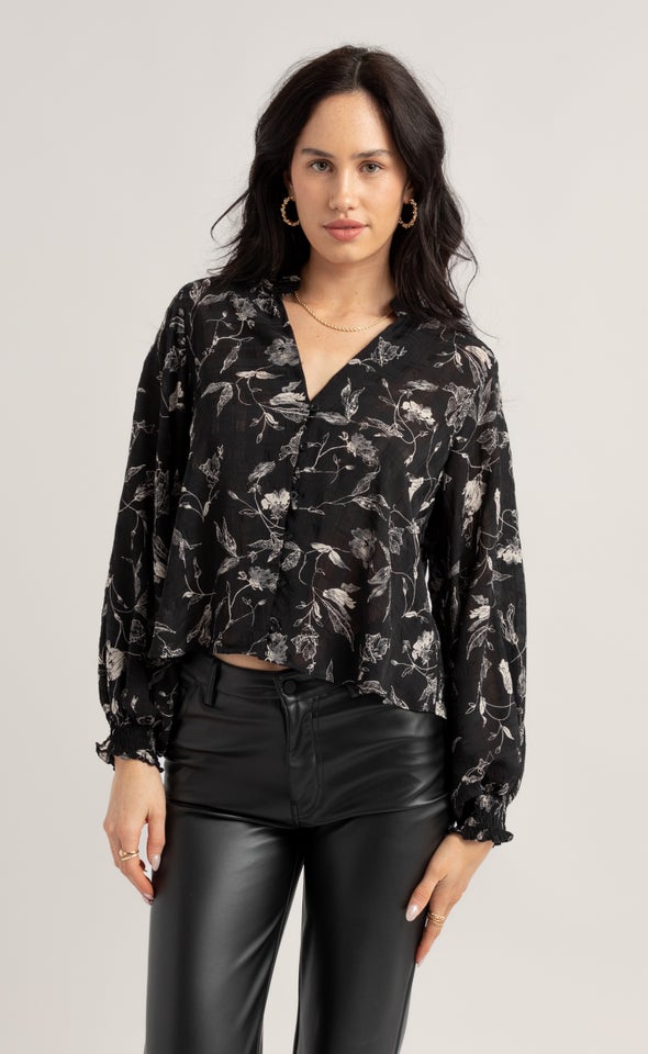 Printed Shirred Cuff Shirt Blk/white