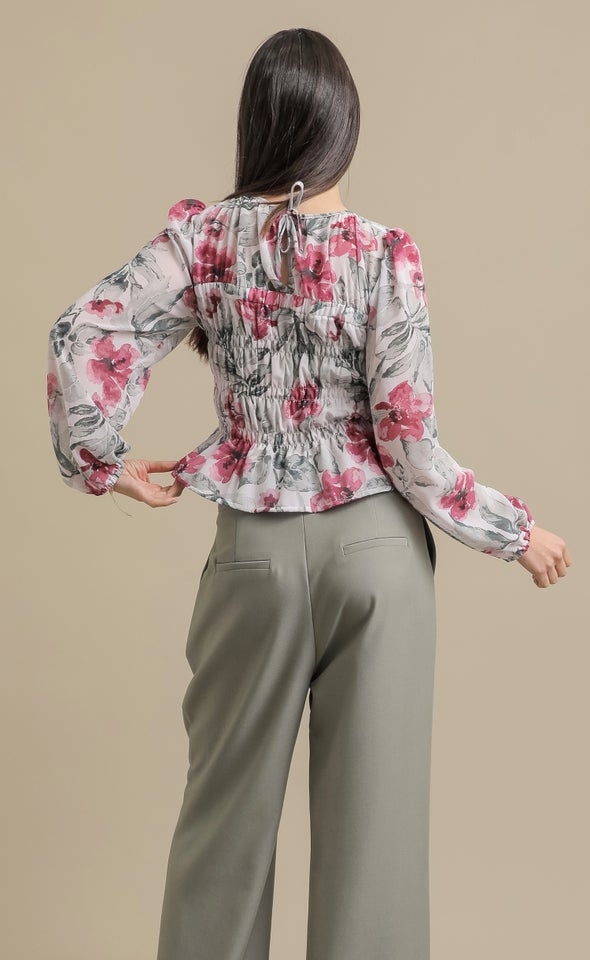 Printed Shirred LS Top Cerise Print
