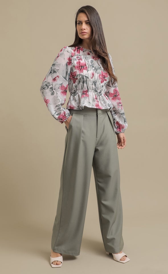 Printed Shirred LS Top Cerise Print
