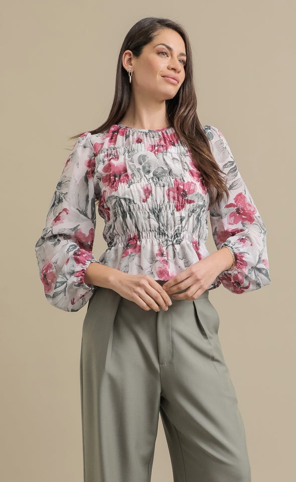 Printed Shirred LS Top Cerise Print