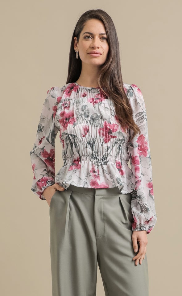 Printed Shirred LS Top Cerise Print