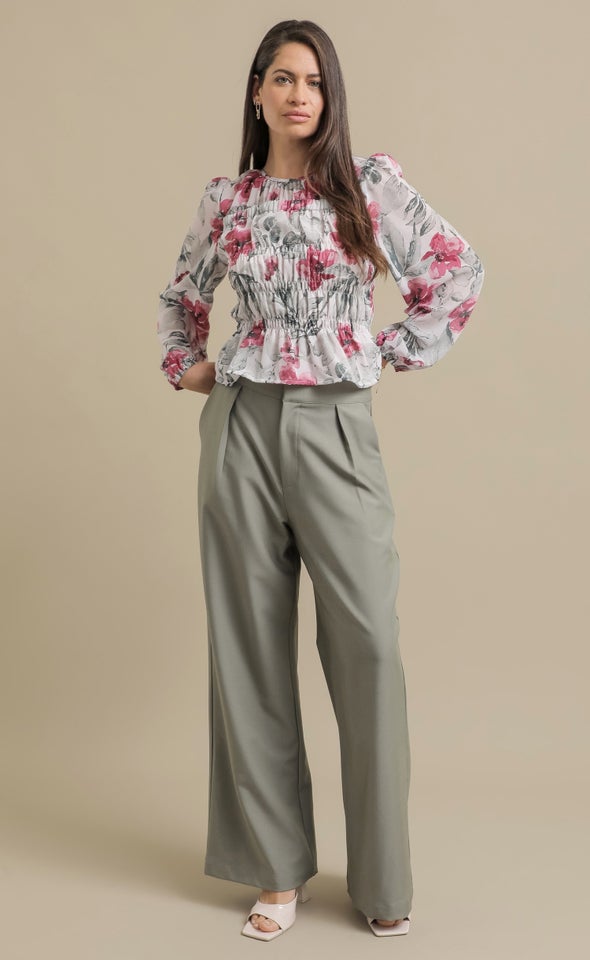 Printed Shirred LS Top Cerise Print