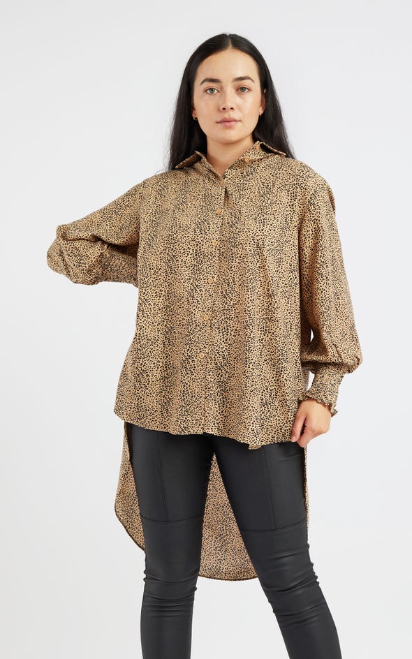 Printed Shirred Sleeve Longline Shirt Natural/blk