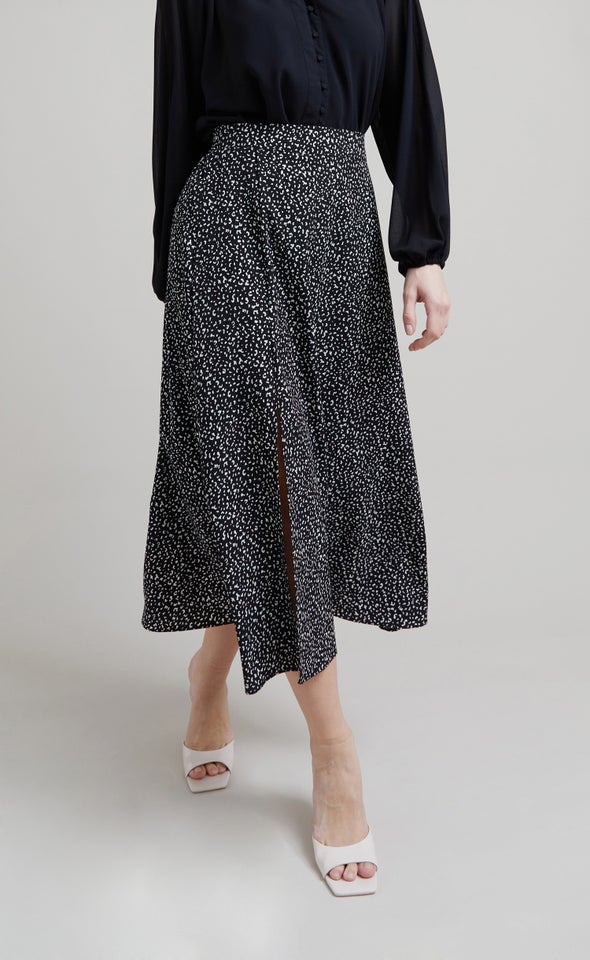 Printed Side Split Midi Skirt Blk Print