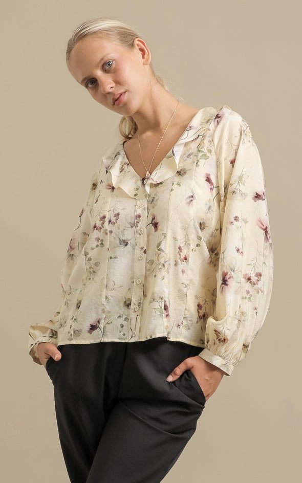 Printed Voile Frill Collar Shirt Cream/floral