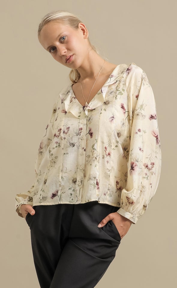 Printed Voile Frill Collar Shirt Cream/floral