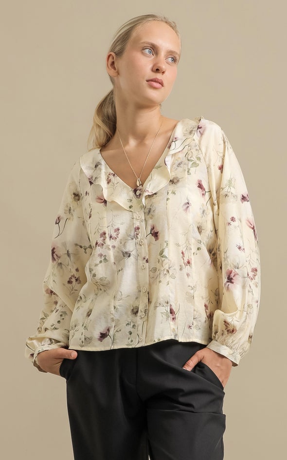 Printed Voile Frill Collar Shirt Cream/floral