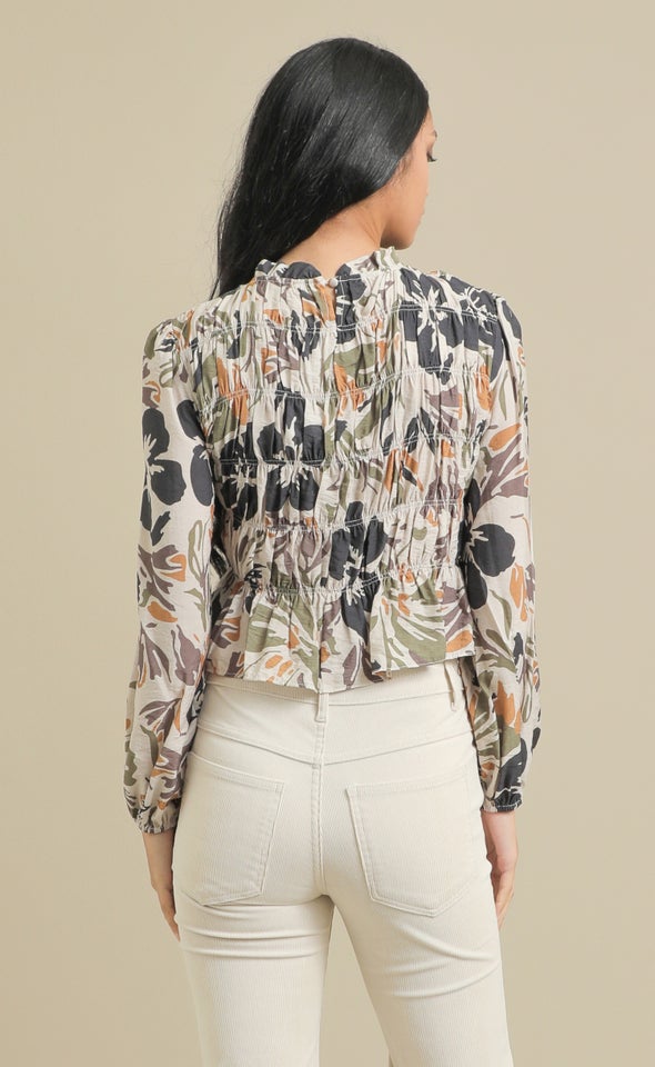 Printed Voile LS Shirred Top Olive/charcoal Print