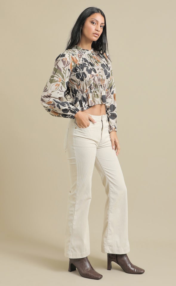 Printed Voile LS Shirred Top Olive/charcoal Print