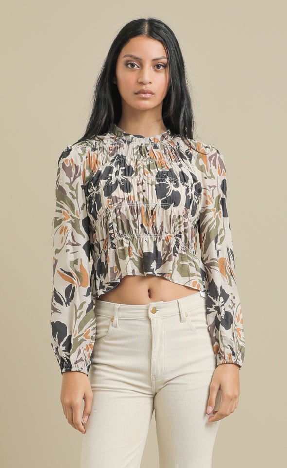 Printed Voile LS Shirred Top Olive/charcoal Print