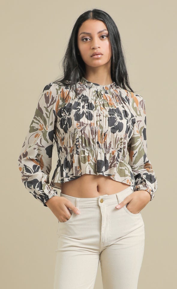 Printed Voile LS Shirred Top Olive/charcoal Print