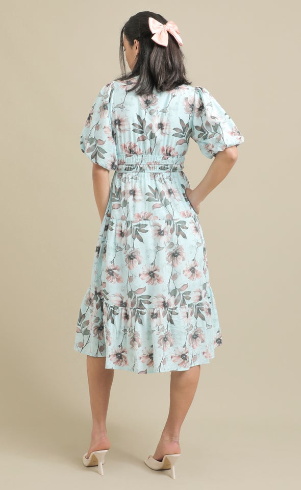 Printed Voile Puff Sleeve Dress Blue/blush
