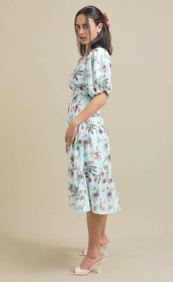 Printed Voile Puff Sleeve Dress Blue/blush