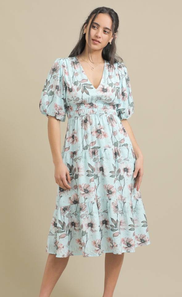 Printed Voile Puff Sleeve Dress Blue/blush