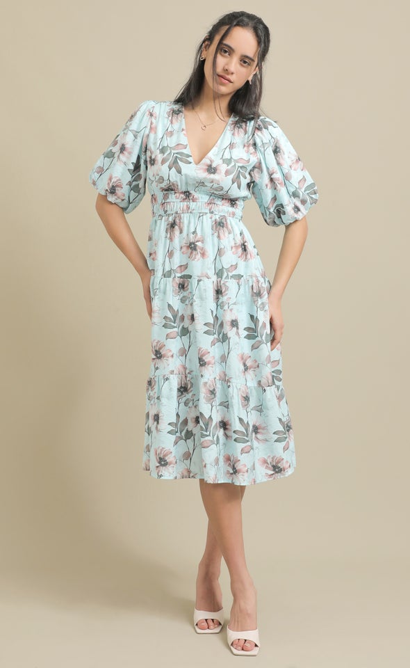 Printed Voile Puff Sleeve Dress Blue/blush