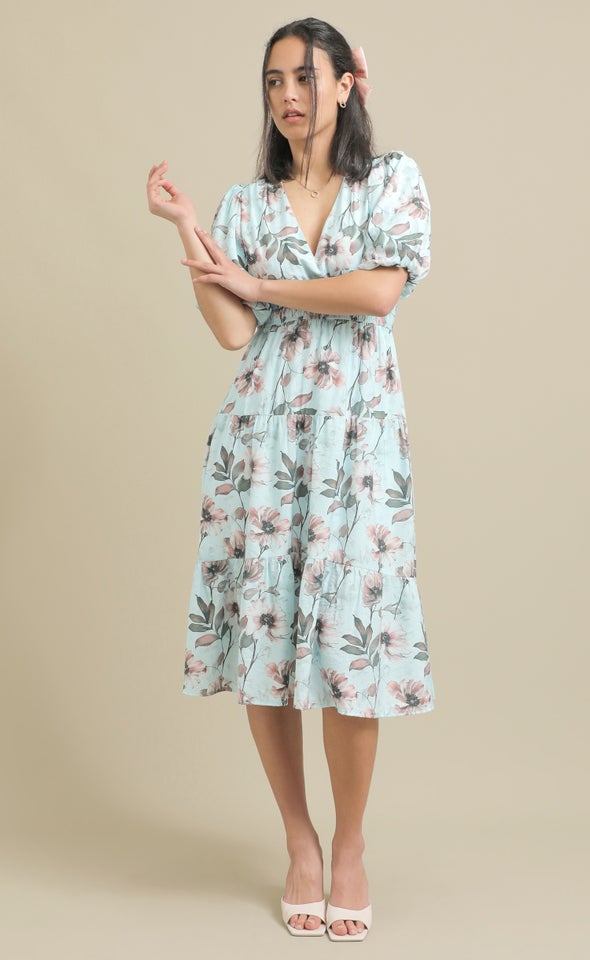 Printed Voile Puff Sleeve Dress Blue/blush