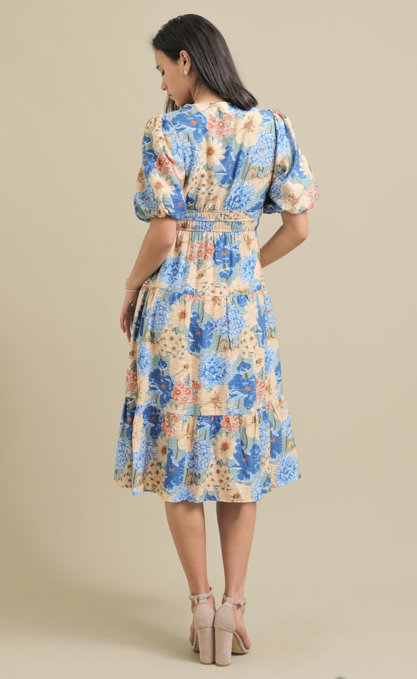 Printed Voile Puff Sleeve Dress Blue/floral