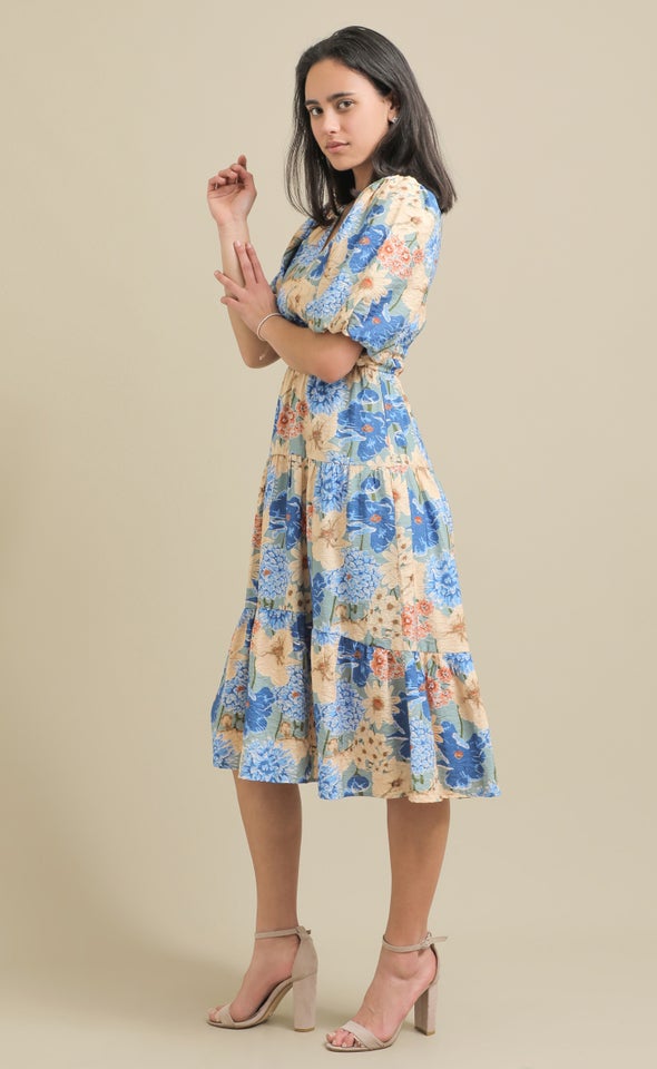Printed Voile Puff Sleeve Dress Blue/floral