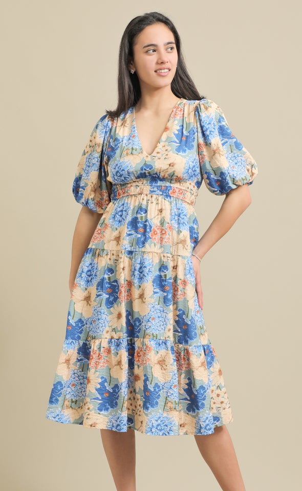 Printed Voile Puff Sleeve Dress Blue/floral