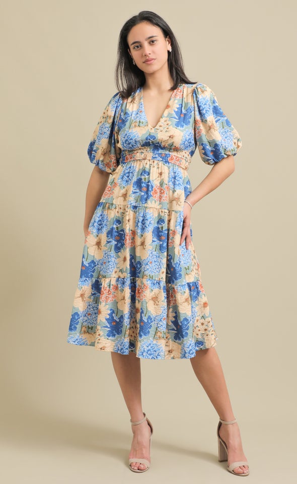 Printed Voile Puff Sleeve Dress Blue/floral