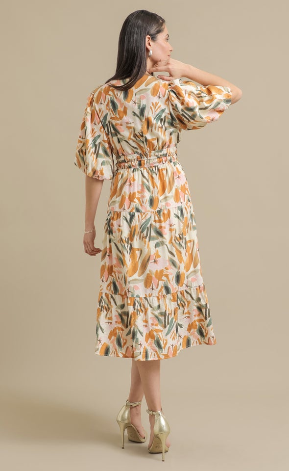 Printed Voile Puff Sleeve Dress Cream/abstract