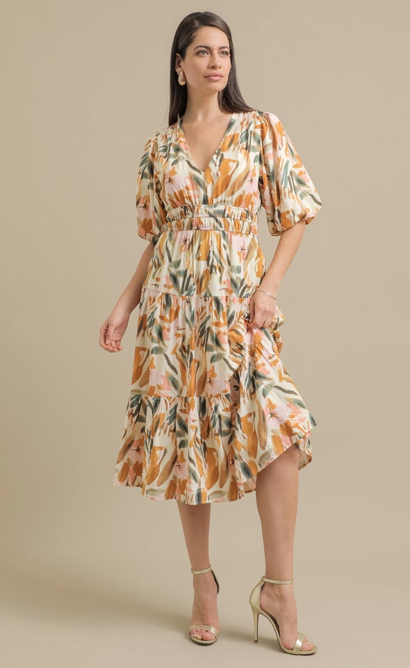 Printed Voile Puff Sleeve Dress Cream/abstract