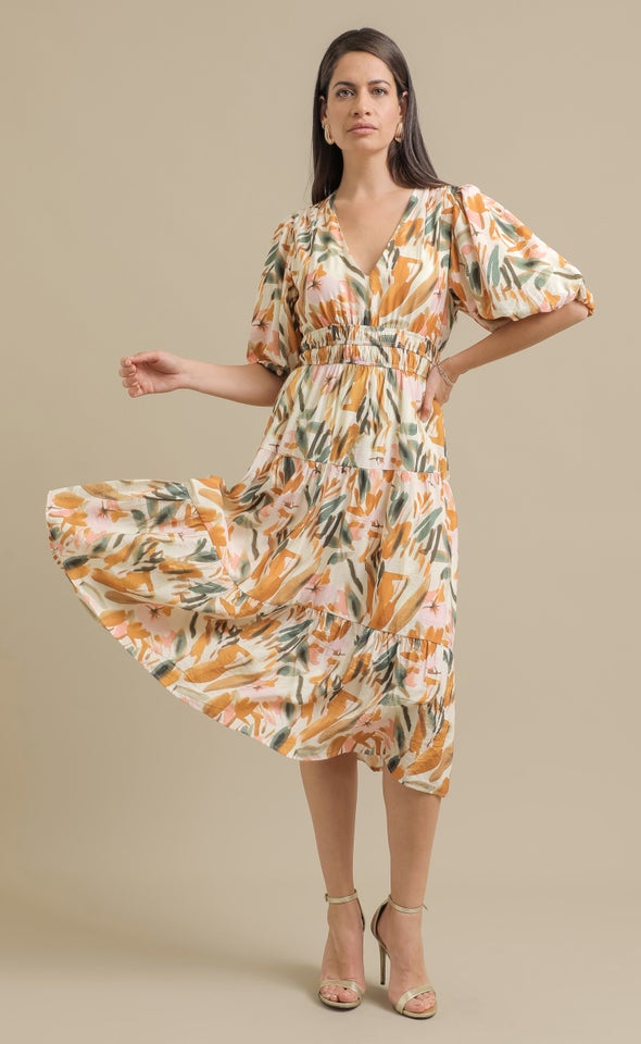 Printed Voile Puff Sleeve Dress Cream/abstract
