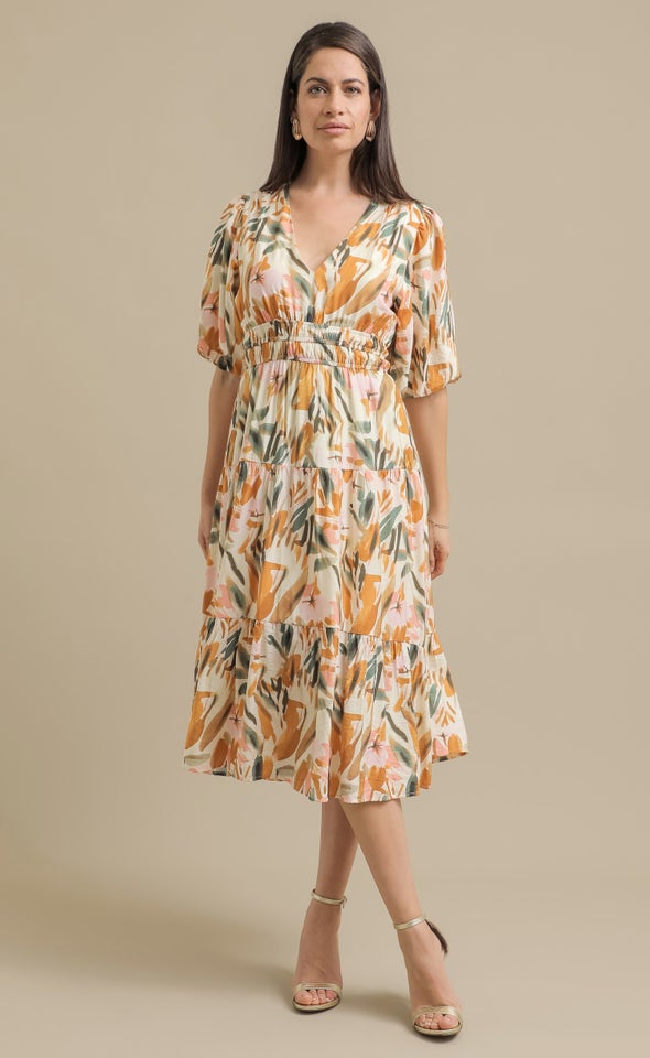 Printed Voile Puff Sleeve Dress Cream/abstract