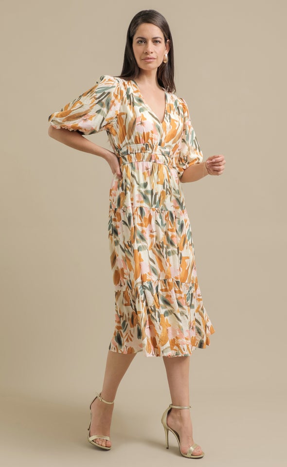 Printed Voile Puff Sleeve Dress Cream/abstract