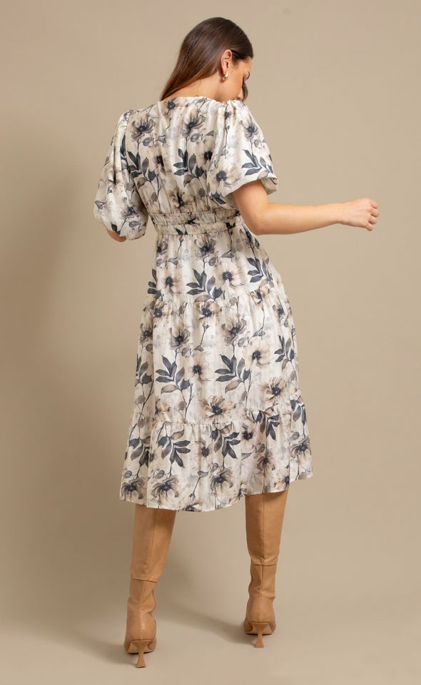 Printed Voile Puff Sleeve Dress Cream/black Floral
