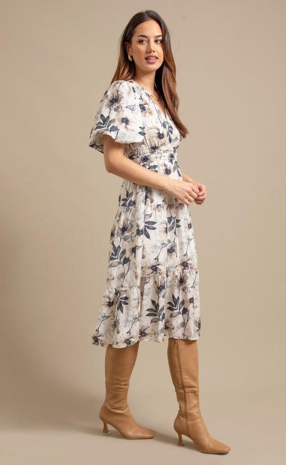 Printed Voile Puff Sleeve Dress Cream/black Floral