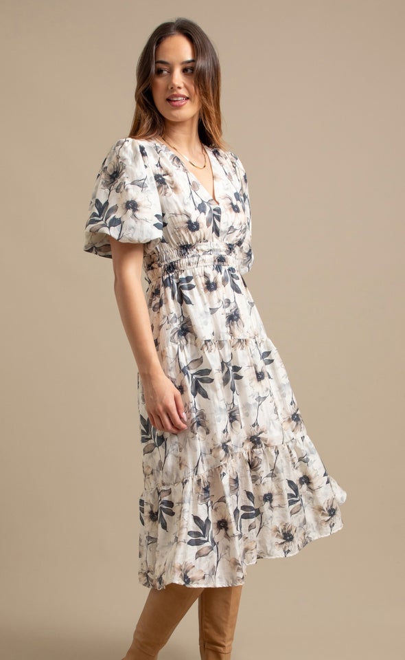 Printed Voile Puff Sleeve Dress Cream/black Floral