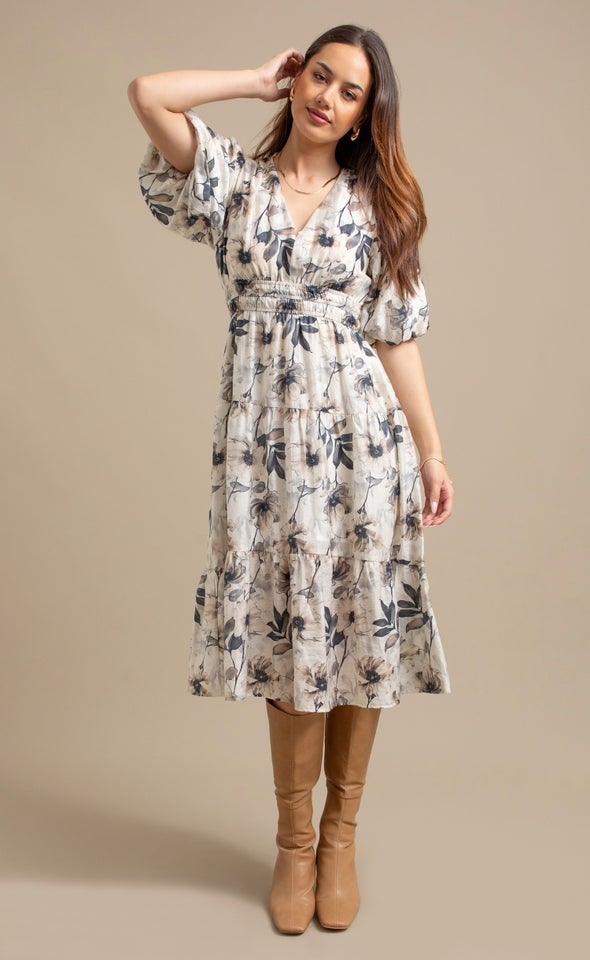 Printed Voile Puff Sleeve Dress Cream/black Floral