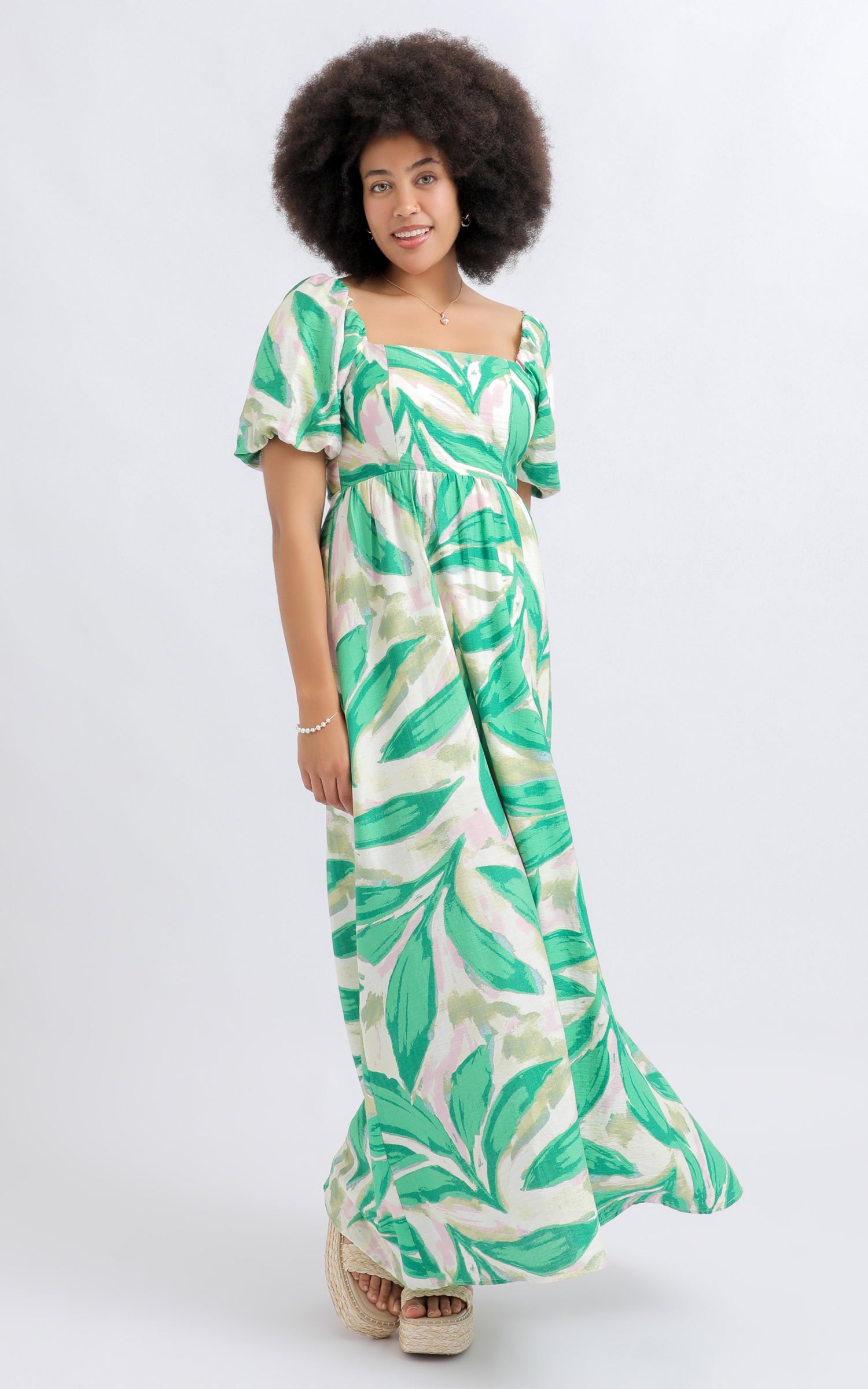 Shop our Printed Voile Puff Sleeve Maxi in Cream/green | Pagani