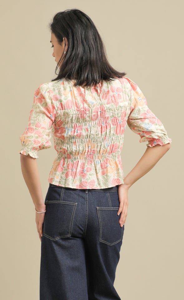 Printed Voile Shirred Top Cream Floral Print