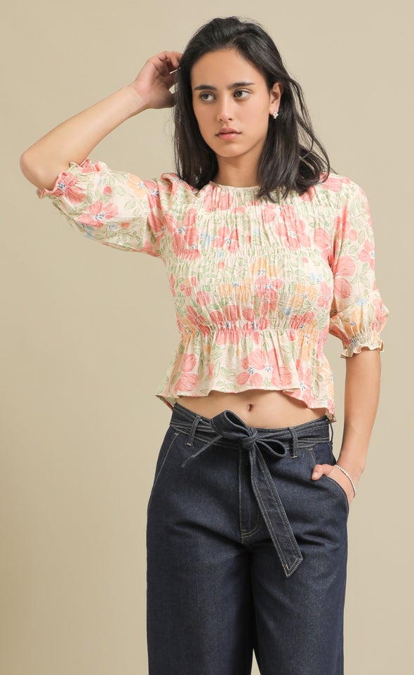 Printed Voile Shirred Top Cream Floral Print