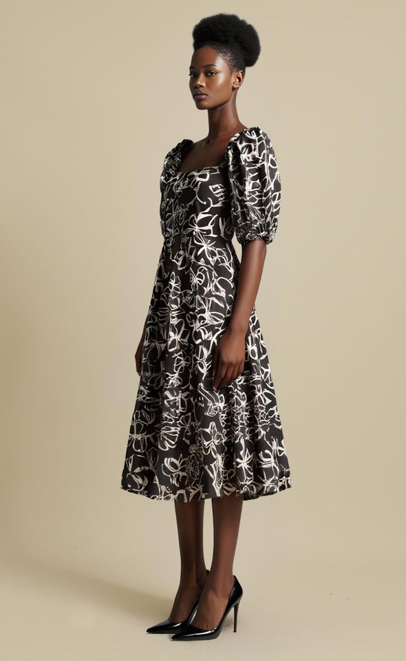 Printed Voile Tier Midi Dress Black/cream Floral
