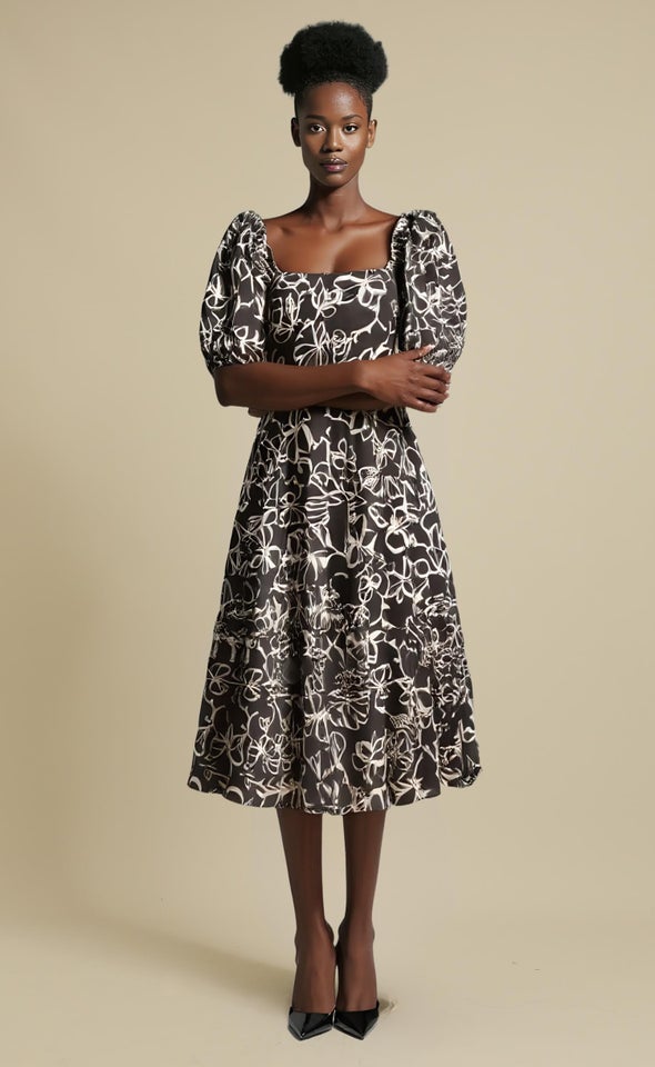 Printed Voile Tier Midi Dress Black/cream Floral