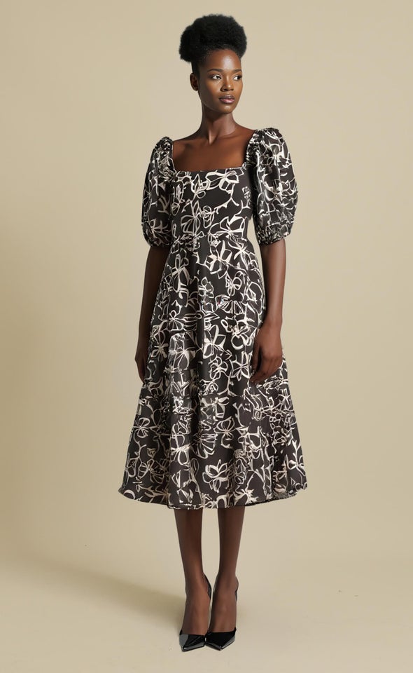 Printed Voile Tier Midi Dress Black/cream Floral