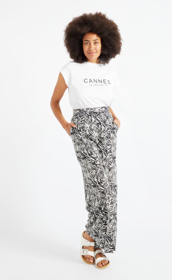 Printed Wide Leg Split Front Pants Blk/white