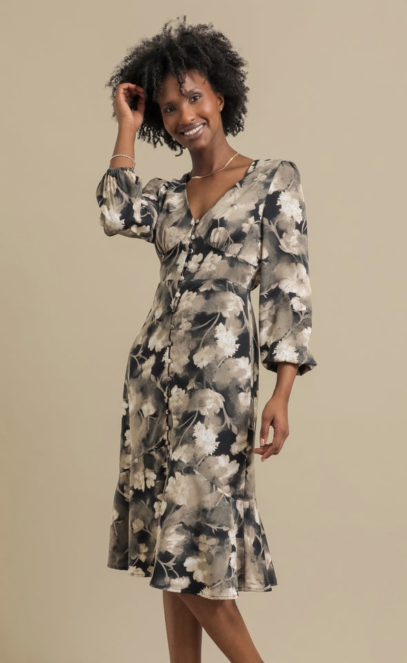 Ptd CDC Button Front LS Dress Black/floral