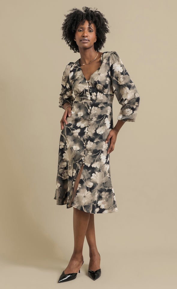 Ptd CDC Button Front LS Dress Black/floral