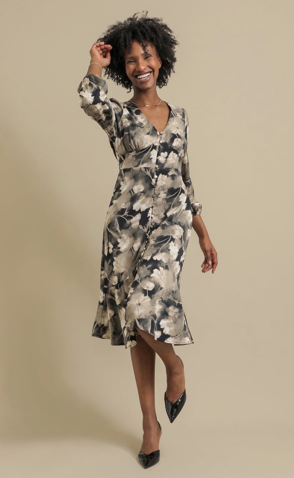 Ptd CDC Button Front LS Dress Black/floral