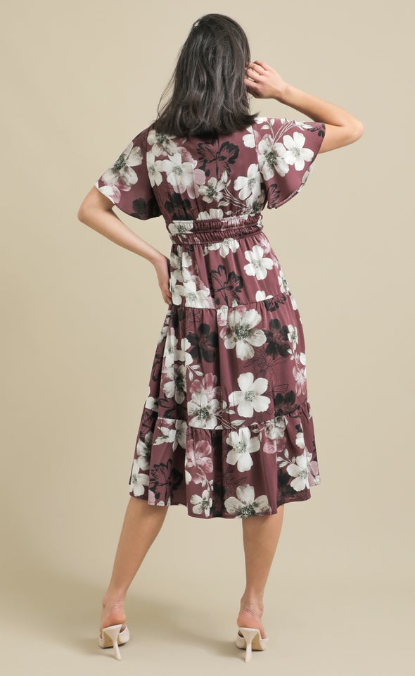 Ptd CDC Flutter Sleeve Dress Aubergine/floral