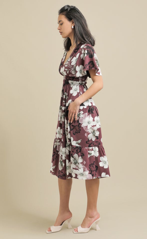 Ptd CDC Flutter Sleeve Dress Aubergine/floral
