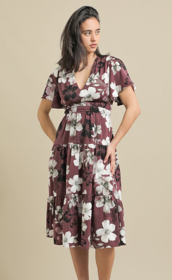 Ptd CDC Flutter Sleeve Dress Aubergine/floral