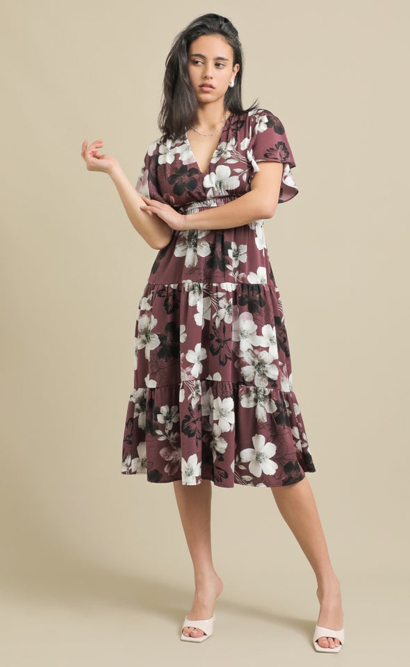 Ptd CDC Flutter Sleeve Dress Aubergine/floral