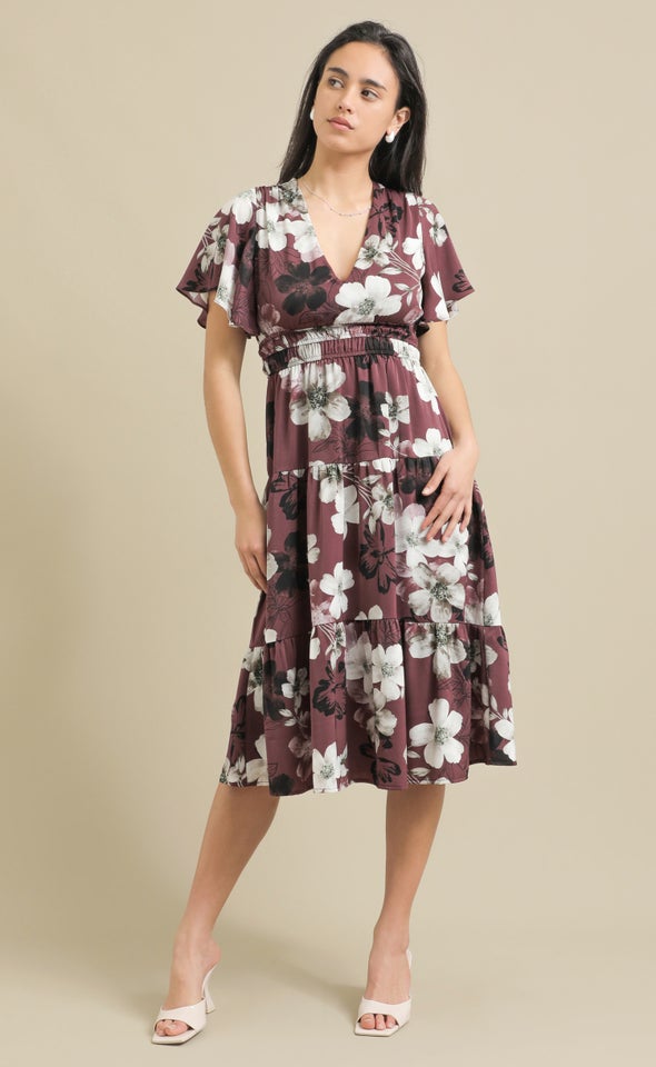 Ptd CDC Flutter Sleeve Dress Aubergine/floral
