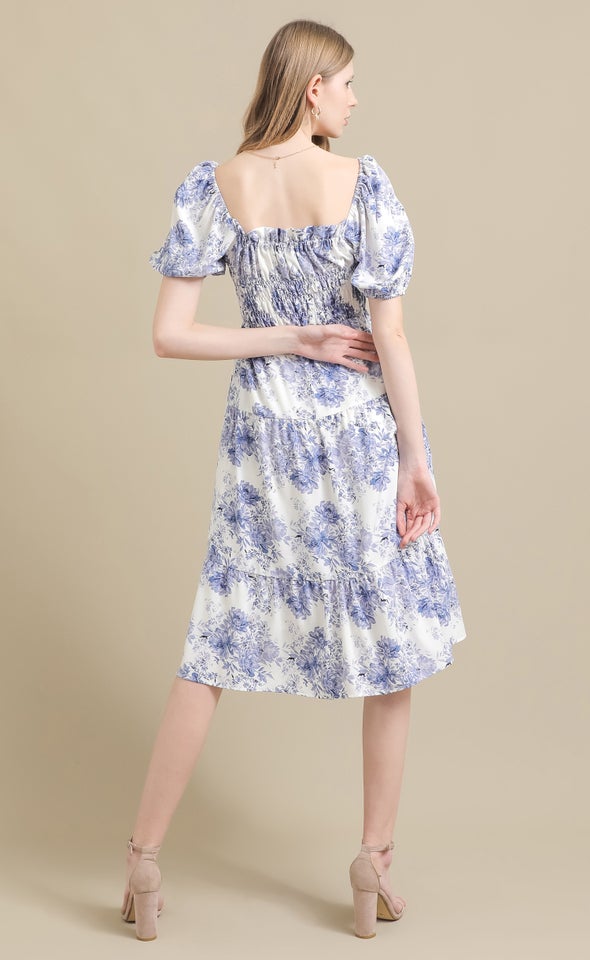 Ptd CDC Shirred Puff Slv Midi Dress Cream/blue Floral
